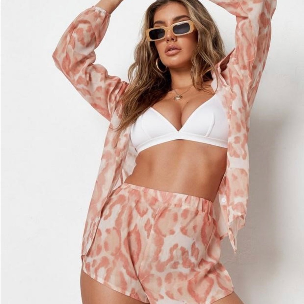 Missguided Pink Leopard Print Chiffon Beach Cover Up Set